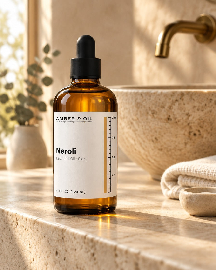 Amber & Oil Neroli on bathroom shelf