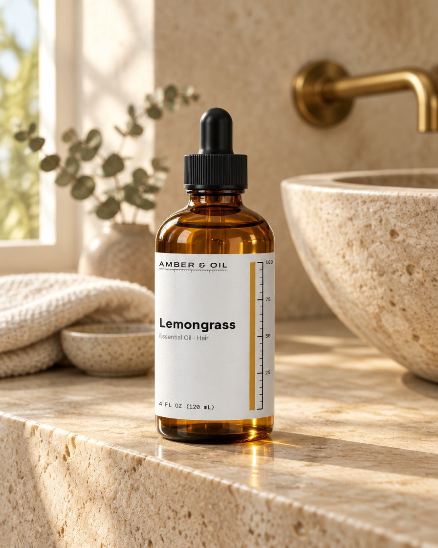 Amber & Oil Lemongrass on bathroom shelf
