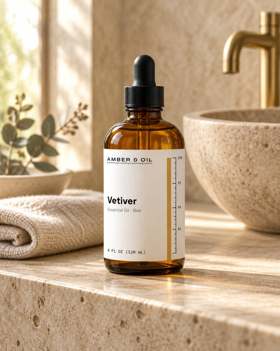 Amber & Oil Vetiver on bathroom shelf