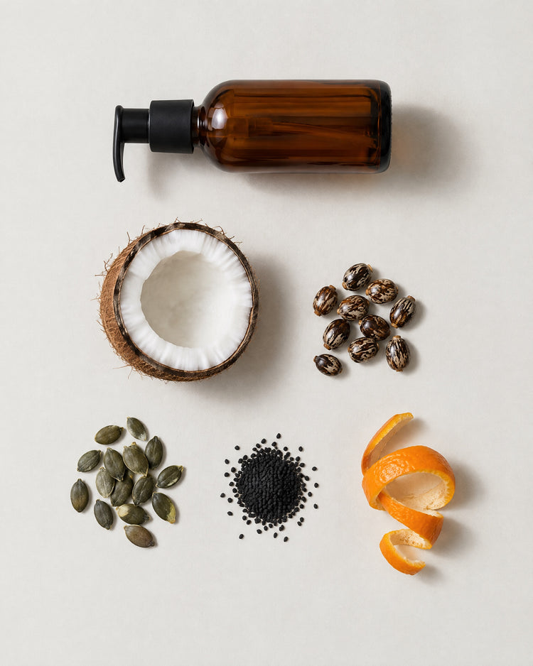 An amber glass bottle with the raw materials of the Full Measure blend: Fractionated Coconut, Castor, Pumpkin Seed, Black Seed, Sweet Orange.