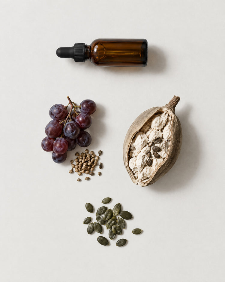 An amber glass bottle with the raw materials of the Light Touch blend: Grapeseed, Baobab, Pumpkin Seed.