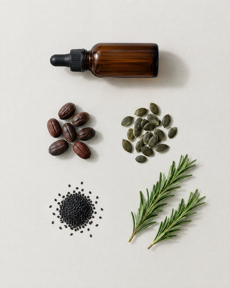 An amber glass bottle with the raw materials of the Root Note blend: Jojoba, Pumpkin Seed, Black Seed, Rosemary.