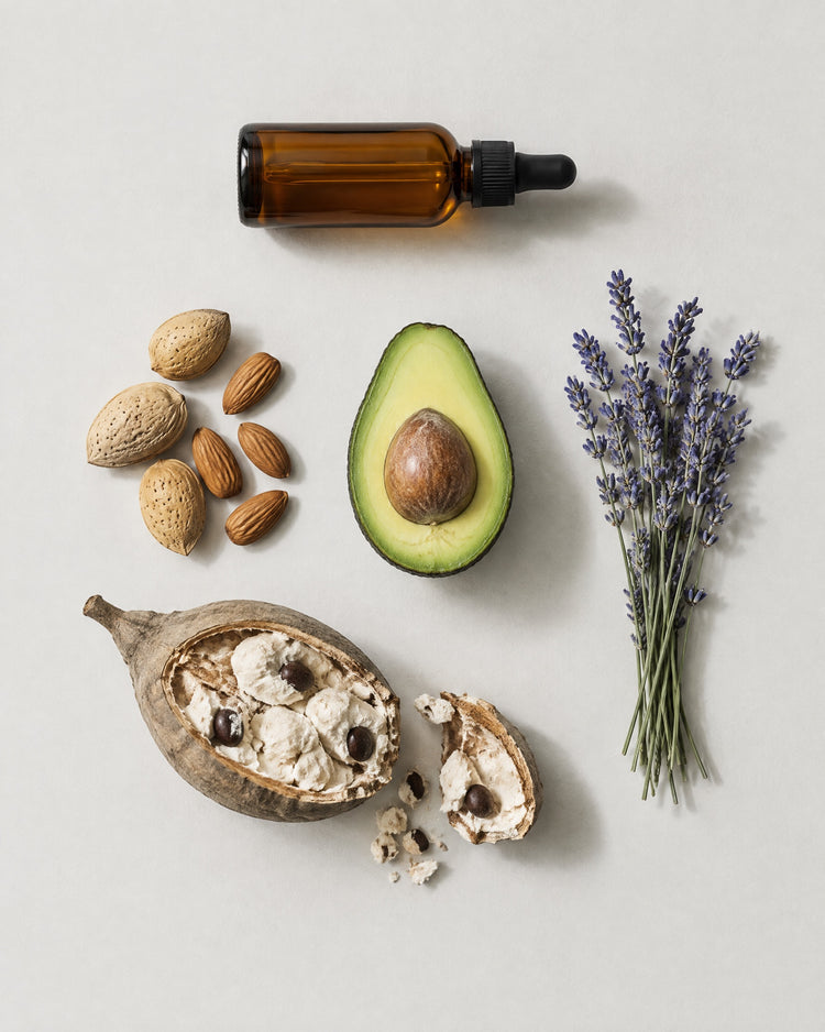 An amber glass bottle with the raw materials of the Soft Focus blend: Sweet Almond, Avocado, Baobab, Lavender.