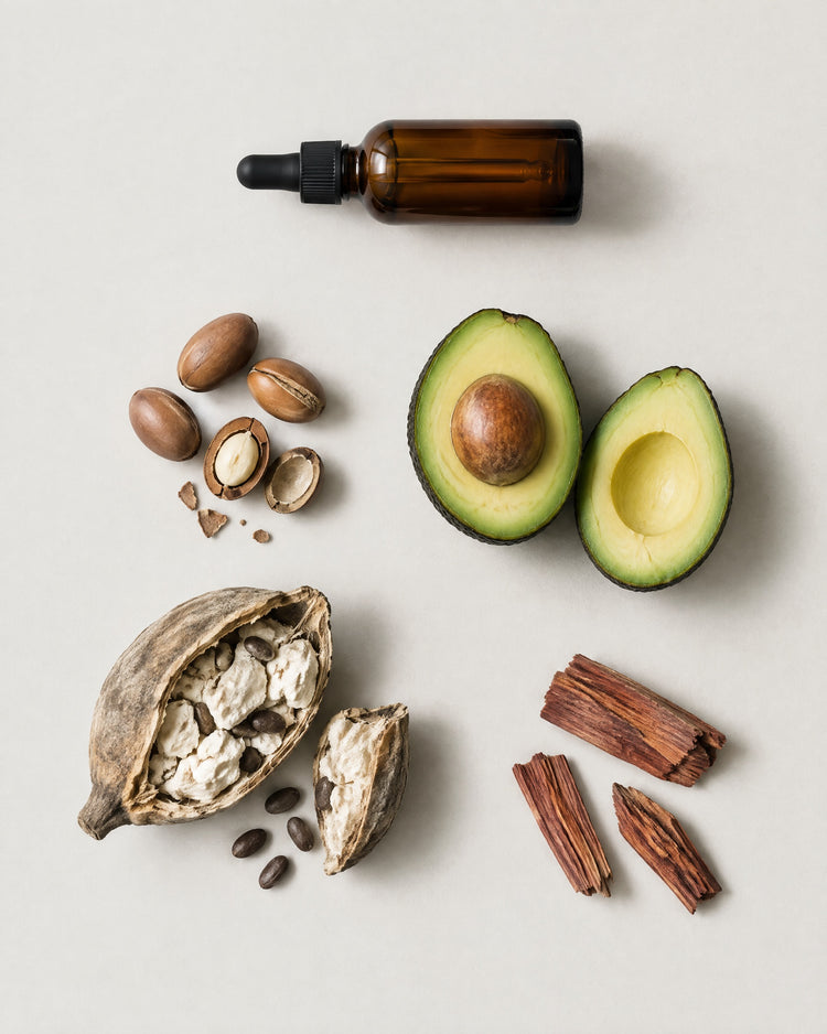An amber glass bottle with the raw materials of the Sunday Ritual blend: Argan, Avocado, Baobab, Atlas Cedarwood.