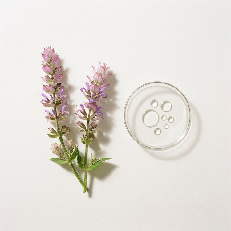 Clary Sage: flowering stems of clary sage, beside a small glass dish of the oil.