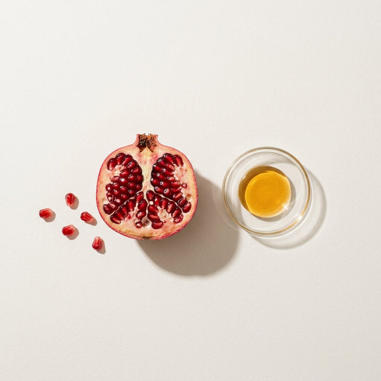 Pomegranate Seed: half a pomegranate and its seeds, beside a small glass dish of the oil.