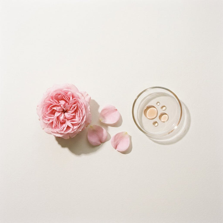 Rose: a pink damask rose and petals, beside a small glass dish of the oil.