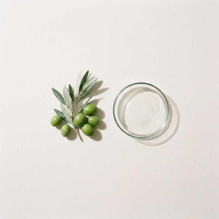 Squalane: green olives and an olive sprig, the source of plant squalane, beside a small glass dish of the oil.