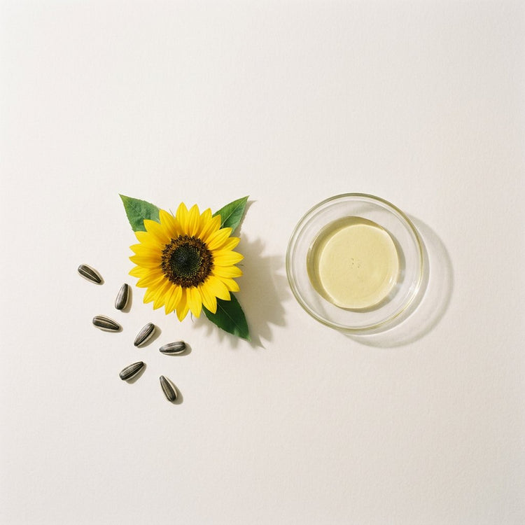 Sunflower: a sunflower head and striped sunflower seeds, beside a small glass dish of the oil.