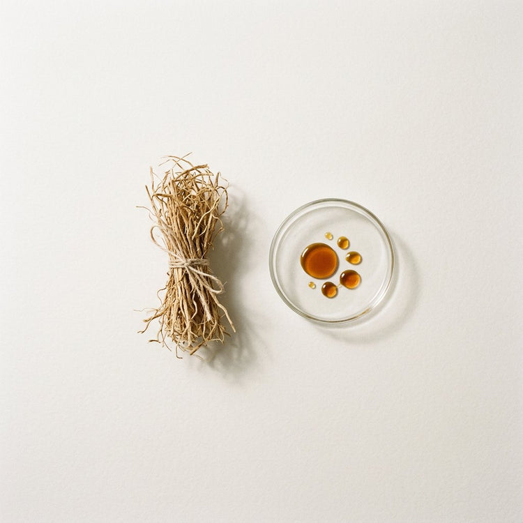 Vetiver: a bundle of vetiver roots, beside a small glass dish of the oil.