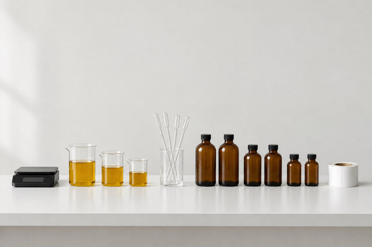 A white work bench with a scale, beakers of oil, pipettes, amber bottles in three sizes and a roll of blank labels.