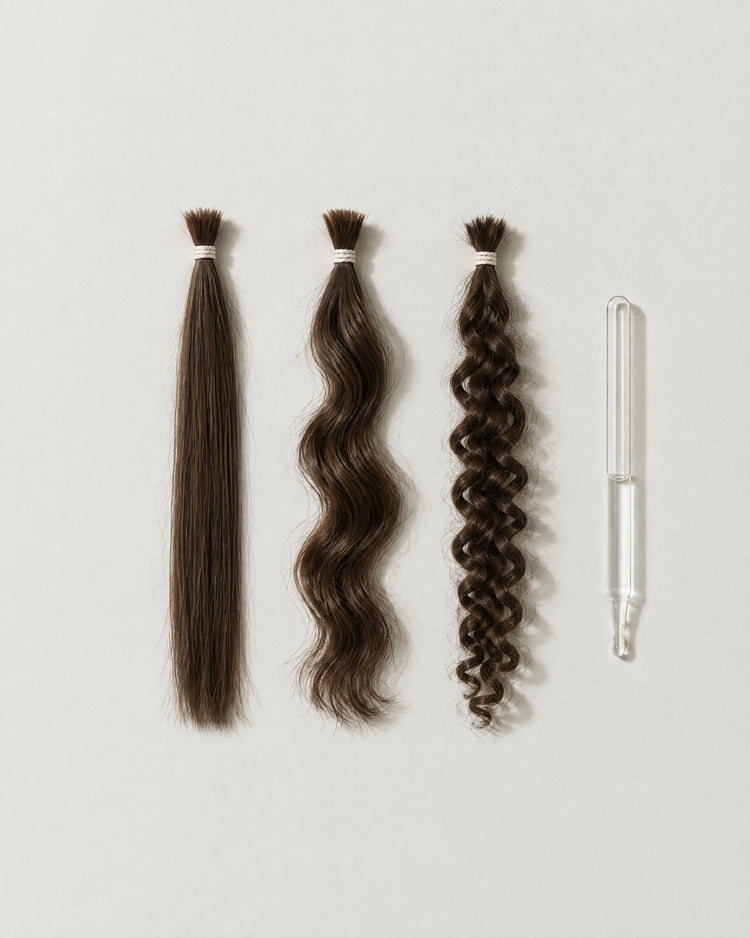 Three locks of dark hair laid side by side, one straight, one wavy, one curled, beside a glass pipette.
