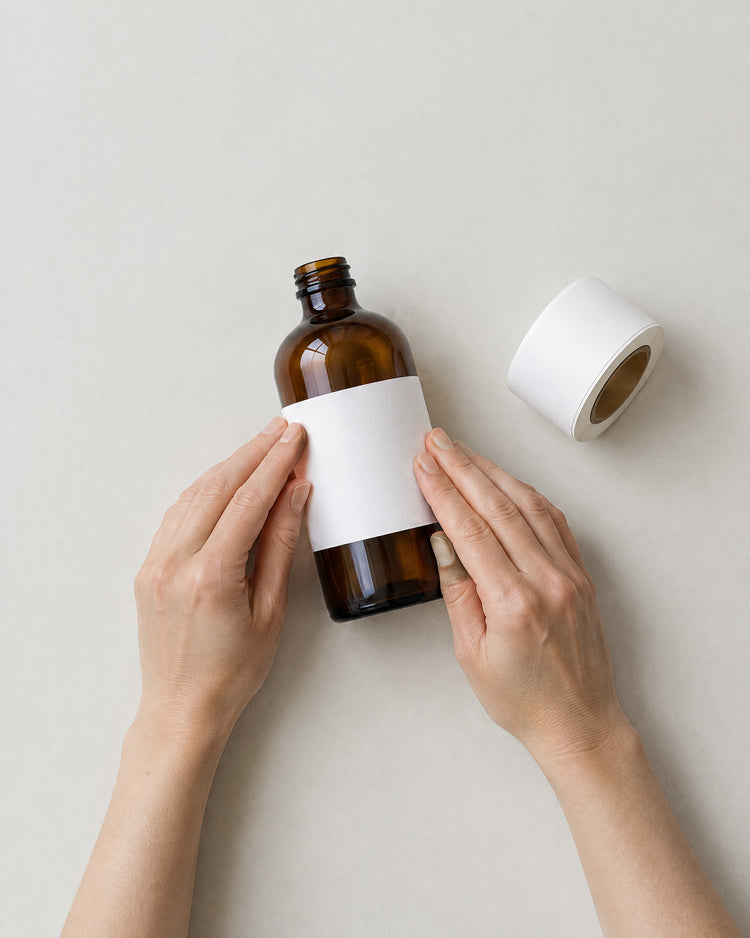 Two hands smoothing a blank white label onto an amber glass bottle, with a roll of labels beside it.