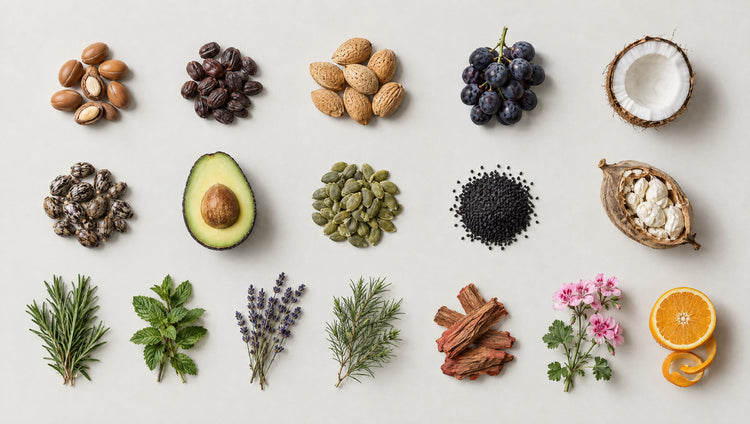 Seventeen raw ingredients laid out in a grid, among them argan nuts, avocado, coconut, rosemary, lavender and orange.