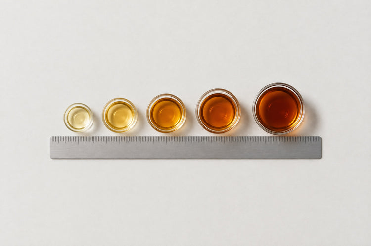 Five glass dishes of oil, pale gold to deep amber, standing along a steel rule.